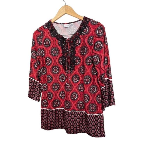 Kim Rogers Tunic Size Small Round Neck Womens Red Black Floral Pattern - Picture 2 of 8